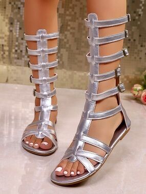⭐️ Hello Gorgeous! Gladiator Knee-High Vegan Leather Strappy Sandals - Silver